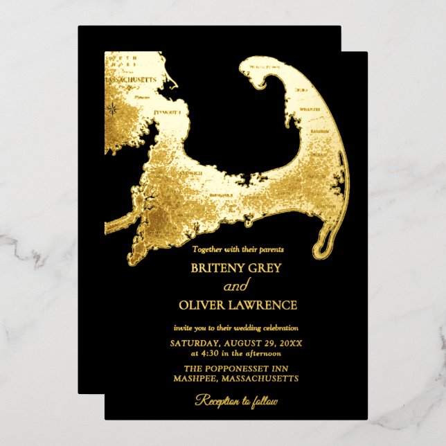 Elegant black gold Cape Cod Map Wedding Foil Invitation (Front/Back)