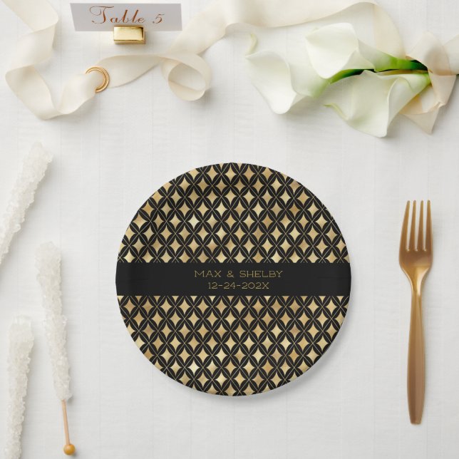 Elegant Black & Gold Carnival Harlequin  Paper Plates (Wedding)