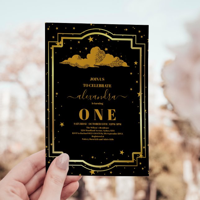  Elegant Black Gold Celestial 1st Birthday Invitation (Creator Uploaded)