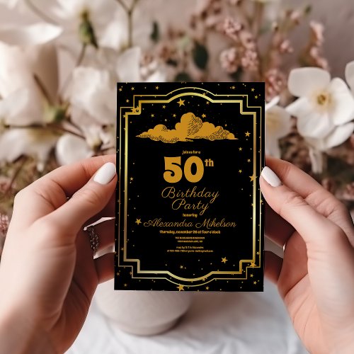 Elegant Black Gold Celestial 50th Birthday Invitation