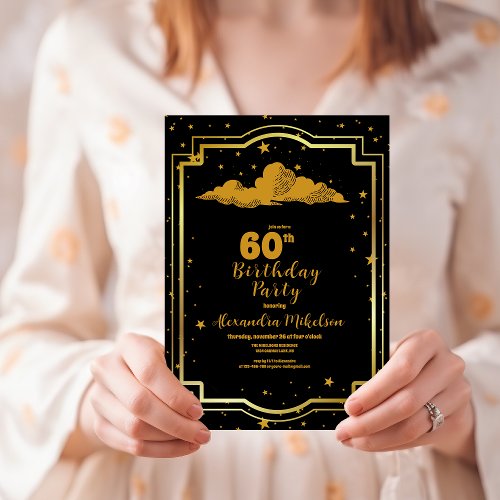 Elegant Black Gold Celestial 60th Birthday Invitation