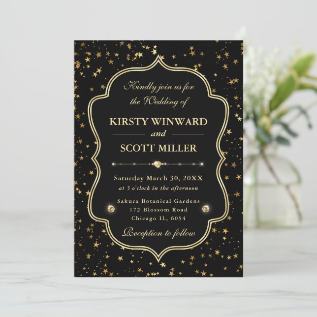 Elegant Black & Gold Celestial Starry Wedding Invitation (Standing Front)