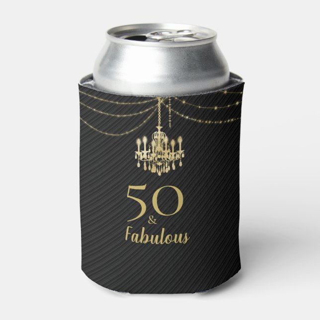 Elegant Black Gold Chandelier 50 & Fabulous Party Can Cooler (Can Front)