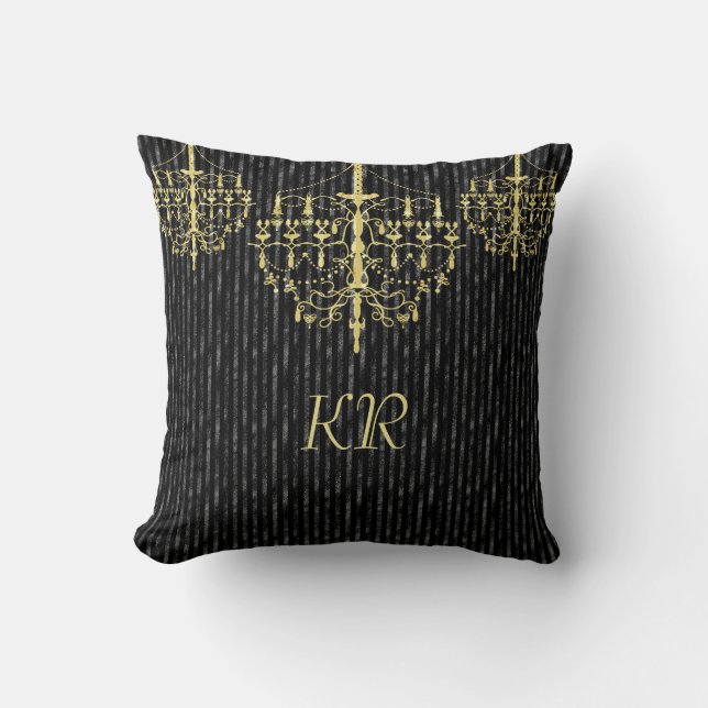 Elegant Black Gold Chandelier Monogram  Throw Pillow (Front)