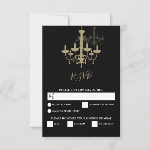 Elegant Black Gold Chandelier Wedding RSVP Card