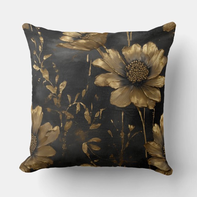 Elegant Black Gold Charcoal Floral Throw Pillow (Front)
