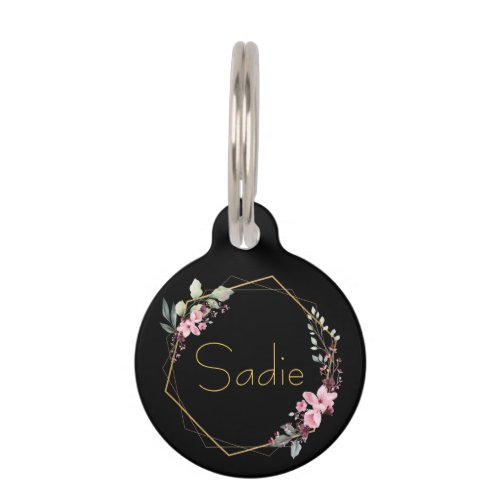 Elegant Black Gold Cherry Blossom Custom Name Pet ID Tag