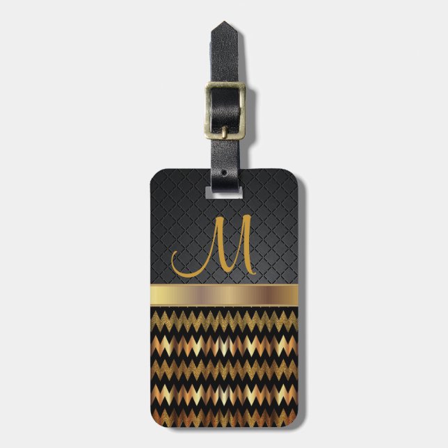 Elegant Black & Gold Chevron Pattern Design Luggage Tag (Front Vertical)