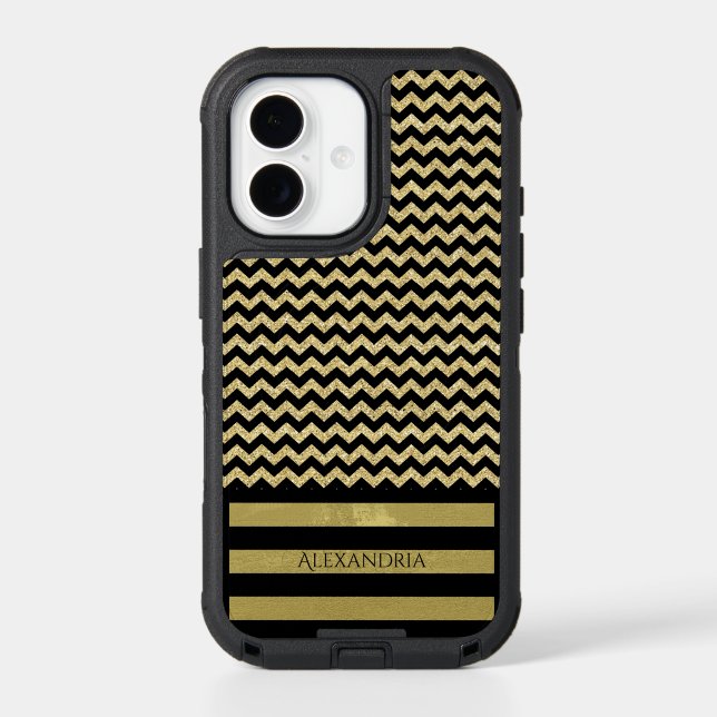 Elegant Black & Gold Chevron Pattern Design Name Otterbox iPhone Case (Back)