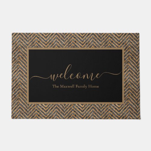 Elegant black gold chevron script name doormat