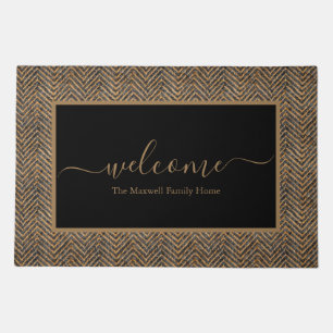 Elegant black gold chevron script name doormat
