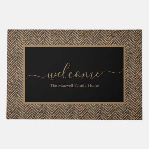 Elegant black gold chevron script name doormat