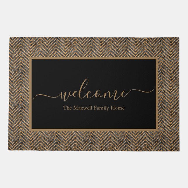 Elegant black gold chevron script name doormat (Front)