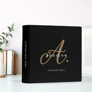 Elegant Black Gold Chic Script Monogram 3 Ring Binder