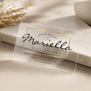 Elegant Black & Gold Chic Script Transparent Clear Business Cards