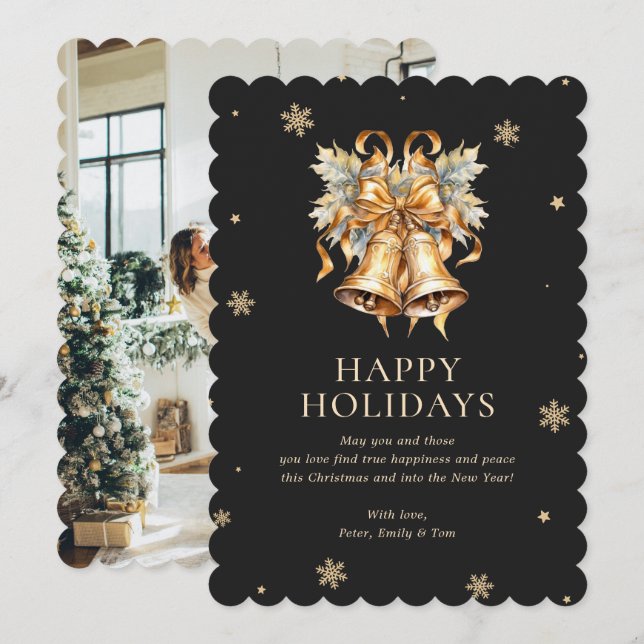 Elegant Black Gold Christmas Bells Snowflake Photo Holiday Card (Front/Back)