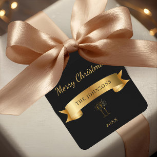 Elegant Black Gold Christmas Name Sticker