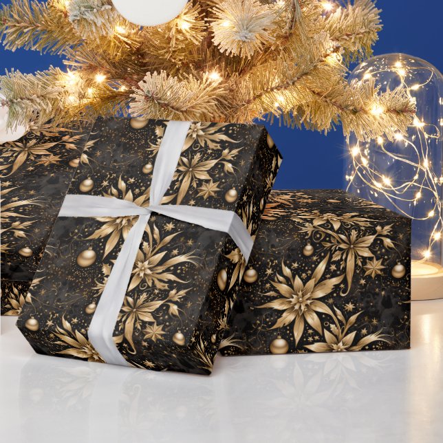 Elegant Black Gold Christmas Ornament Floral  Wrapping Paper (Holidays)