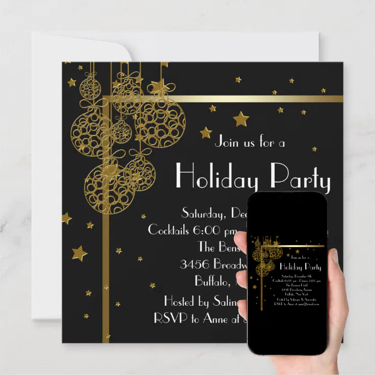 Elegant Black Gold Christmas Party Invitations | Zazzle