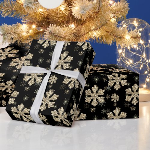 Elegant Black Gold Christmas Snowflake Wrapping Paper