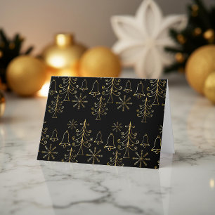 Elegant Black Gold Christmas Tree Bell Snowflake Holiday Card