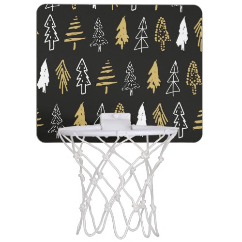 Elegant Black Gold Christmas Tree Forest Pattern Mini Basketball Hoop