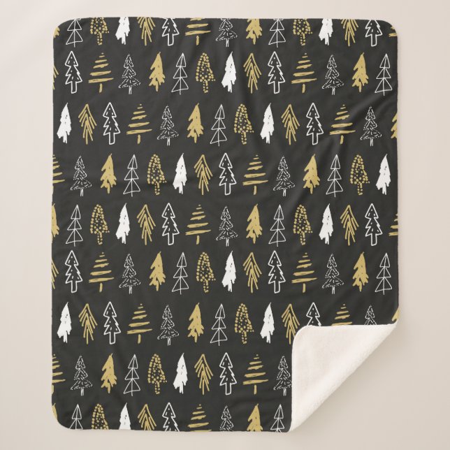Elegant Black Gold Christmas Tree Forest Pattern Sherpa Blanket (Front)