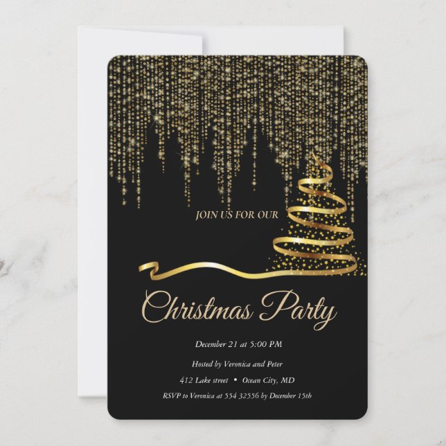 Elegant Black -Gold  Christmas Tree Invitation (Front)