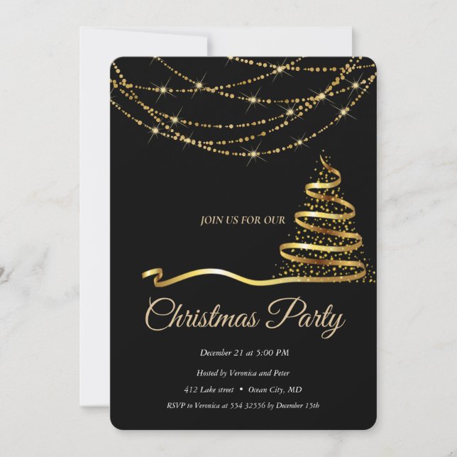 Elegant Black -Gold  Christmas Tree Invitation (Front)