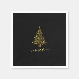 Elegant Black & Gold Christmas Tree Noel Napkins