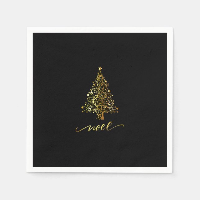 Elegant Black & Gold Christmas Tree Noel Napkins (Front)