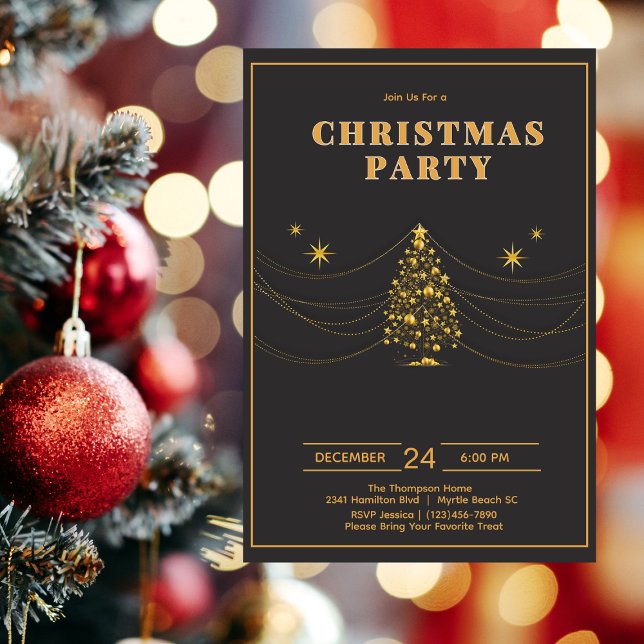 Elegant Black Gold Christmas Tree Party Invitation (Creator Uploaded)