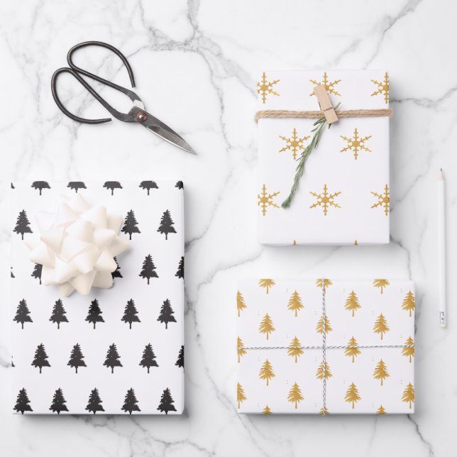 Elegant Black Gold Christmas Tree Pattern Gift Wrapping Paper Sheets (Front)