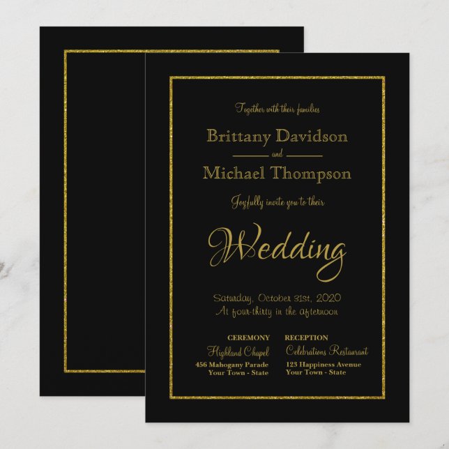 Elegant Black Gold Church Wedding Invitation (Front/Back)