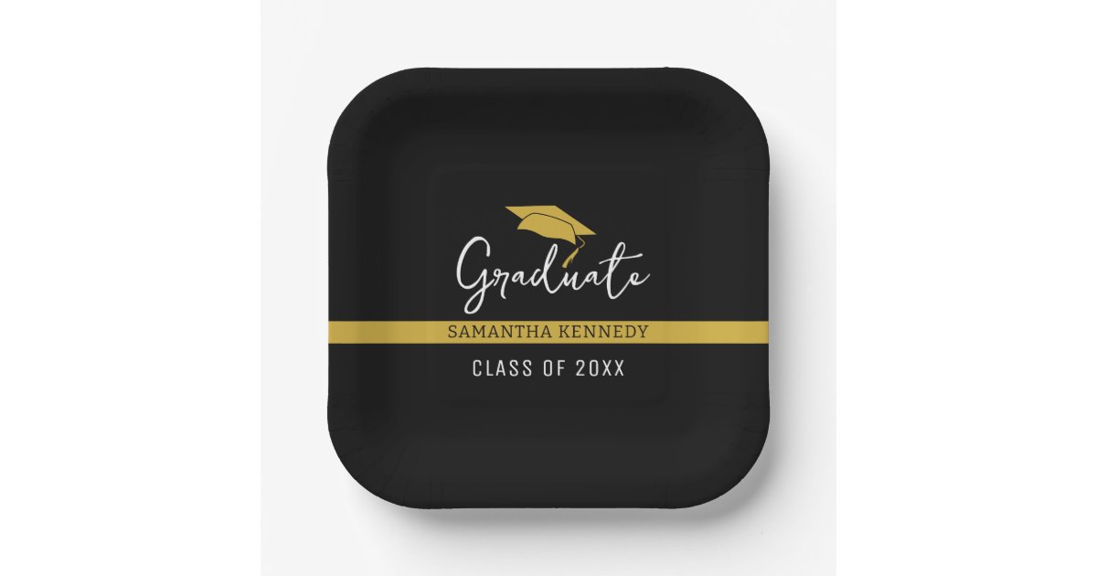 Elegant Black & Gold Class of 2025 Graduation Cap Paper Plates | Zazzle