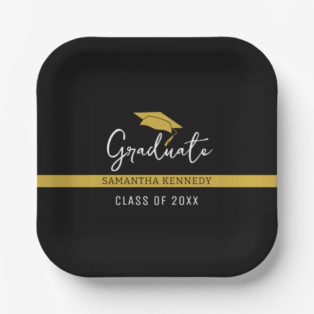 Elegant Black & Gold Class of 2025 Graduation Cap Paper Plates (Front)