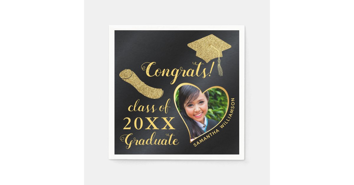 Elegant Black Gold Class of 2025 Photo Graduation Napkins | Zazzle