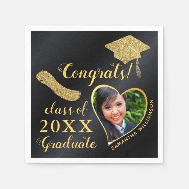 Elegant Black Gold Class of 2025 Photo Graduation Napkins (Front)