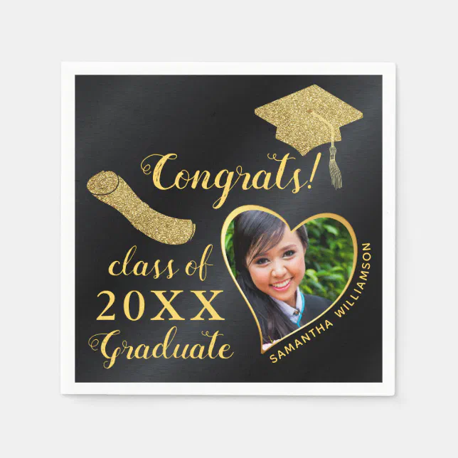 Elegant Black Gold Class of 2025 Photo Graduation Napkins | Zazzle