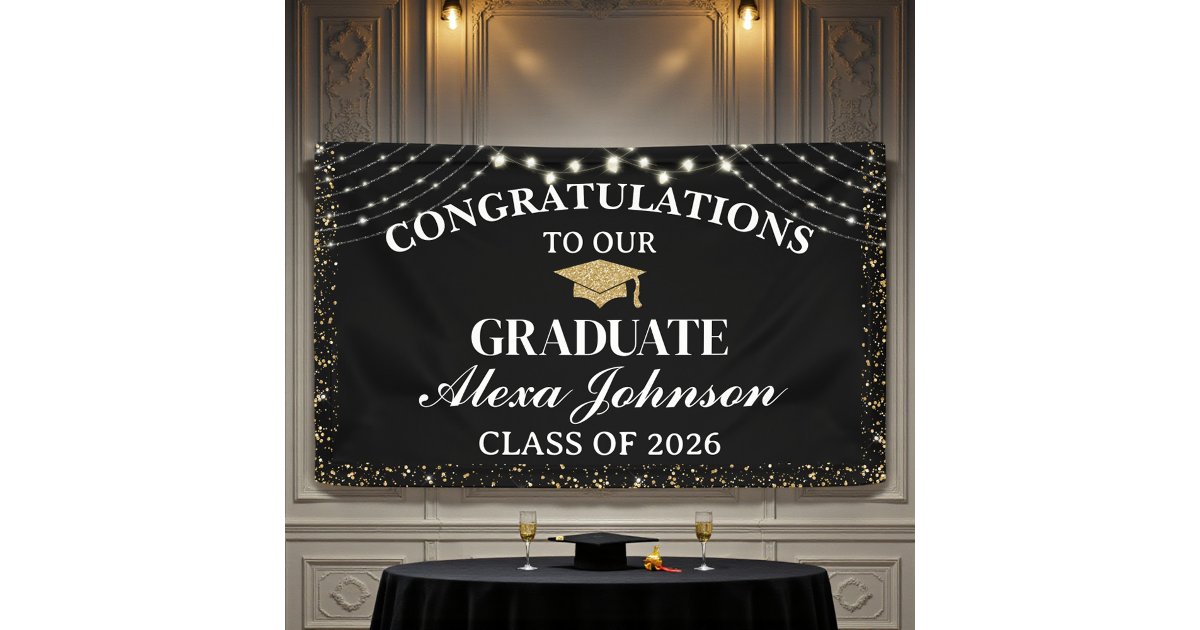 Elegant Black & Gold Class Of 2026 Graduation Banner | Zazzle