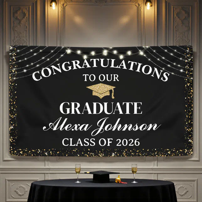 Elegant Black & Gold Class Of 2026 Graduation Banner | Zazzle