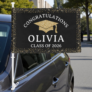 Elegant Black & Gold Class Of 2026 Graduation Car Flag