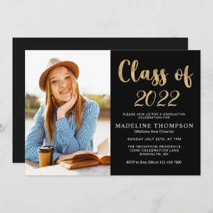 Elegant Black Gold Class of Photo Graduation Hat Invitation