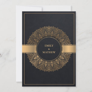 ELEGANT BLACK GOLD CLASSIC ORNATE MANDALA WEDDING INVITATION