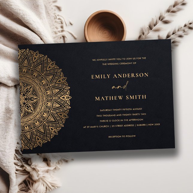 ELEGANT BLACK GOLD CLASSIC ORNATE MANDALA WEDDING INVITATION (Creator Uploaded)