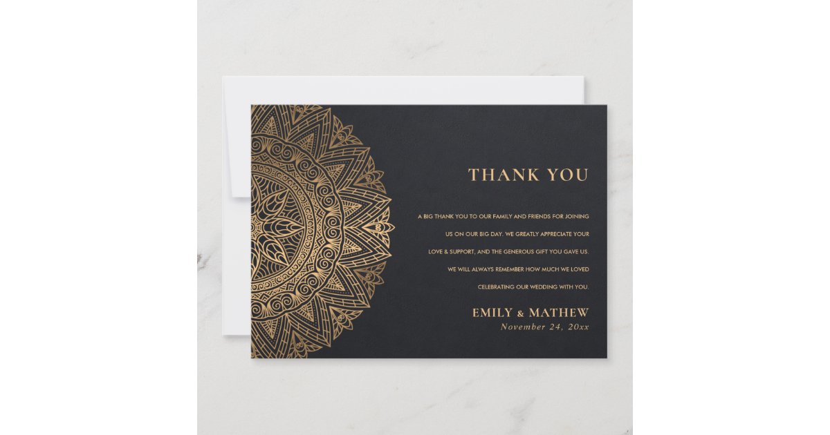 ELEGANT BLACK GOLD CLASSIC ORNATE MANDALA WEDDING THANK YOU CARD | Zazzle