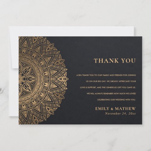 ELEGANT BLACK GOLD CLASSIC ORNATE MANDALA WEDDING THANK YOU CARD