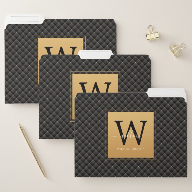 Elegant Black Gold Classy Monogram Initial Script File Folder (Set)