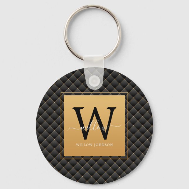 Elegant Black Gold Classy Monogram Initial Script Keychain (Front)