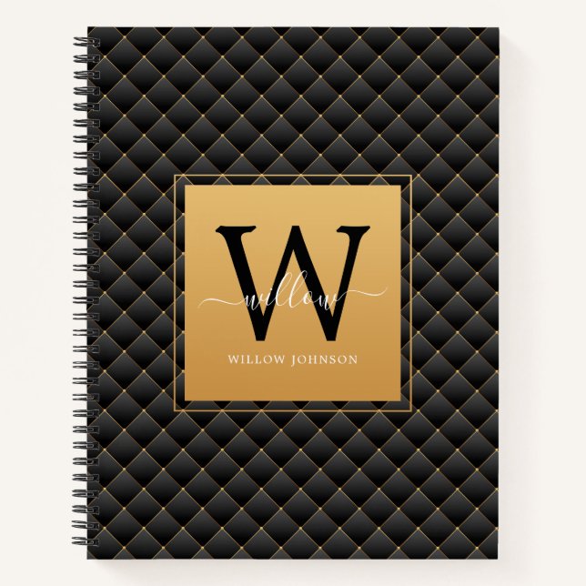 Elegant Black Gold Classy Monogram Initial Script Notebook (Front)
